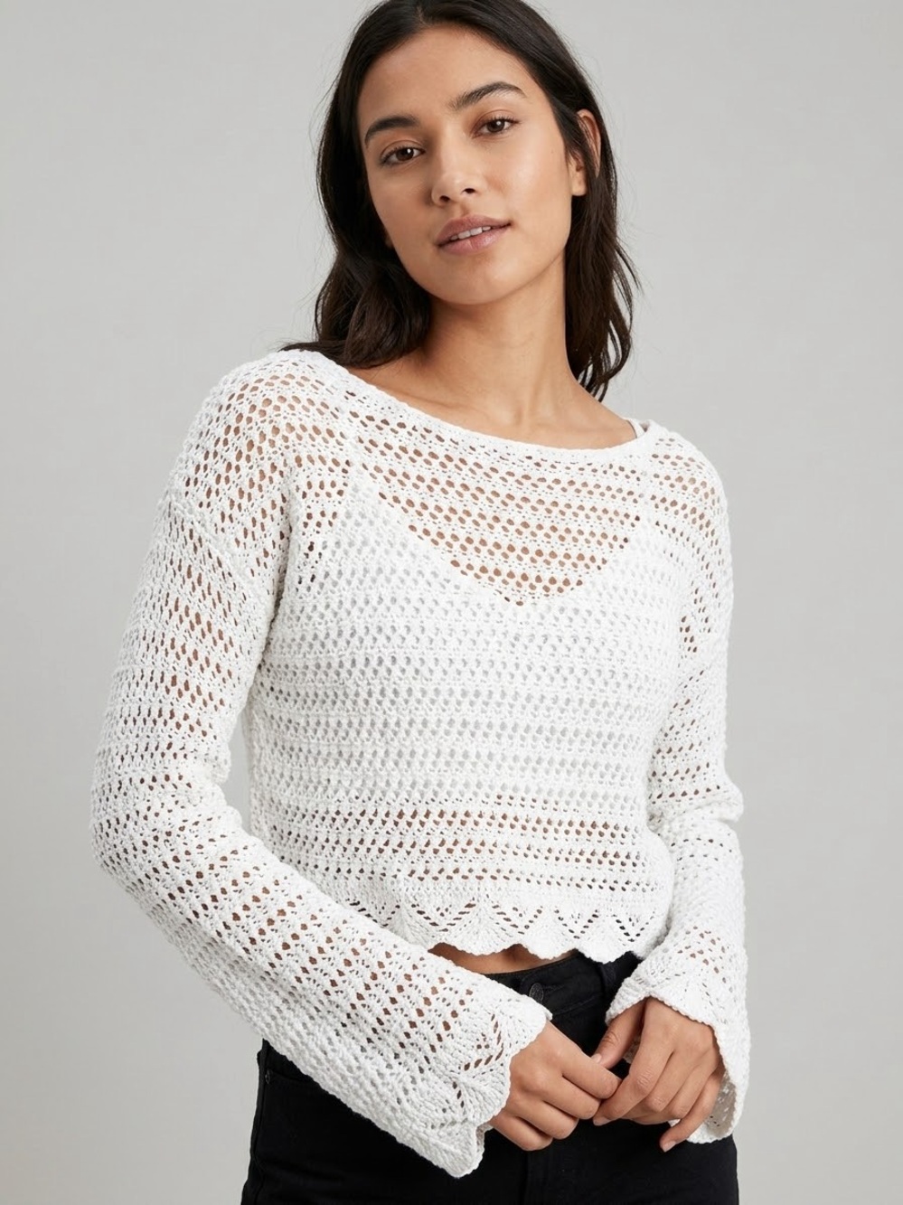 American Eagle Cropped Open Knit Sweater Crochet Pullover Scalloped Edge Scoop